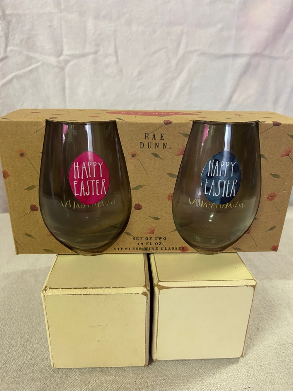 Rae Dunn Stemless 'Happy Easter' Wine Glasses - Pink & Blue Accents